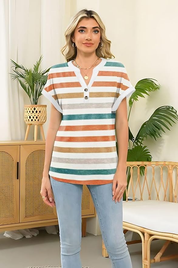 Womens Henley Summer Tops V Neck Button Dressy Casual T Shirts Blouses | Breathable, V-Neck Button, Striped, Loose Fit, Business Casual, Office, Vacation, Spring Summer Tops, Basic Shirts - Image 4