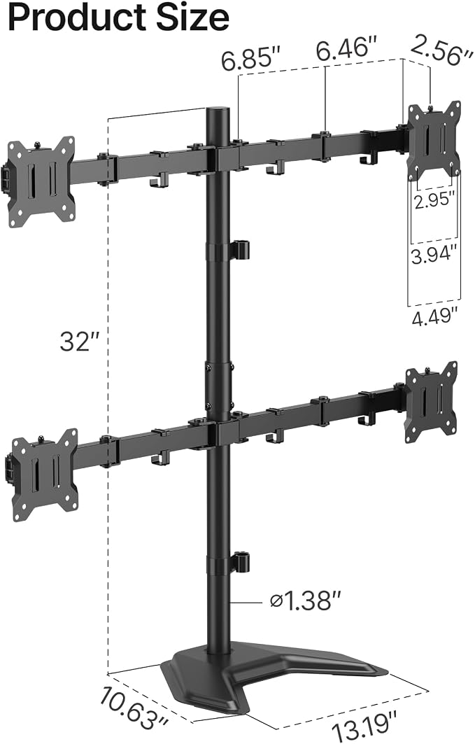 monTEK Freestanding Quad Monitor Stand for Four 17-32" Screens, 22 lbs Each | Solid V-shaped base, four-screen full-motion arms, height adjustment, tilt, swivel, rotation and VESA 75/100 - Image 8