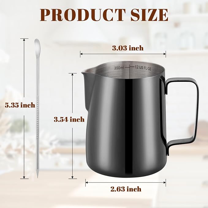 Amrules Milk Frothing Pitcher, 12 oz Milk Frother Cup with Clear Scale, 304 Stainless Steel Cappuccino Espresso Machine Accessories for Barista Coffee Bar with Latte Art Pen, Bright Black - Image 2