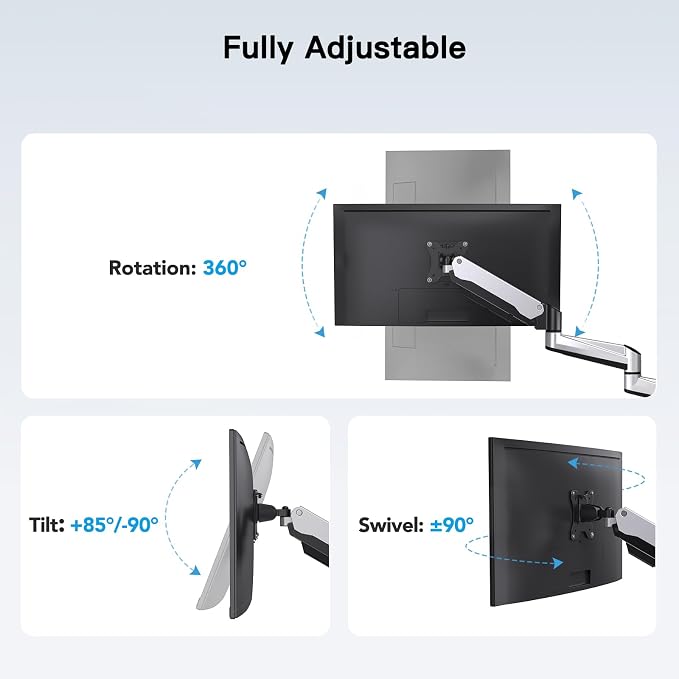 HUANUO Gaming Triple Monitor Stand, Full Motion Articulating Triple Monitor Mount Fit 17 to 32 inch Flat/Curved LCD Computer Screens with Clamp, Grommet Kit, Silver - Image 4
