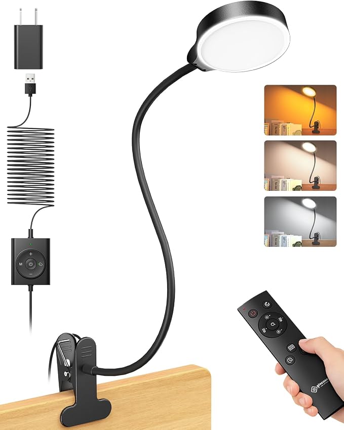 Glocusent 5W Desk Lamp with Remote, 3 Colors & 5 Brightness Reading Lights | Flexible Gooseneck Clip on Lamp, 30-Min Timer Reading Lamp, Perfect Clip on Light for Bunk,Bed,Headboard,Table,Work,Craft by GLOCUSENT
