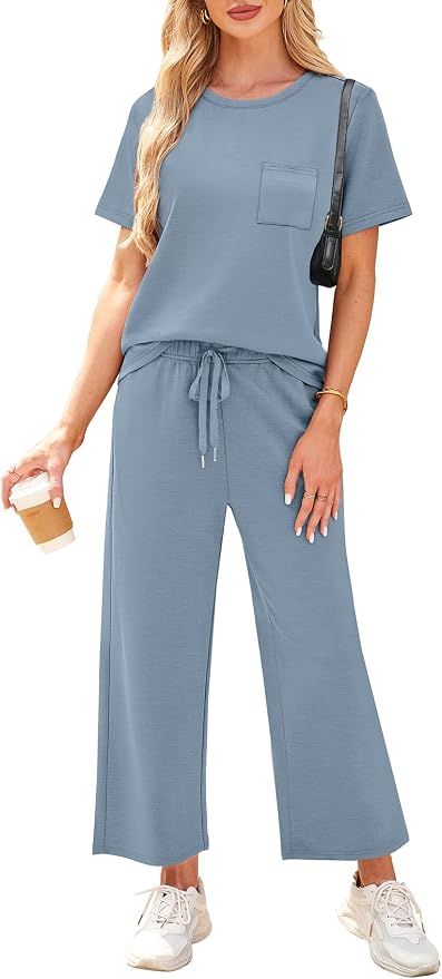 WIHOLL 2 Piece Sets for Women Casual Summer Travel Vacation Outfits Short Sleeve Wide Leg Crop Pants Lounge Sets - Image 2