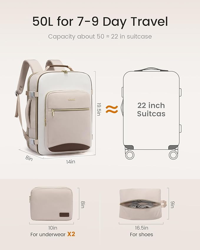 LOVEVOOK 50L Travel Backpack for Women & Men, Airline Approved Carry On Luggage with 3 Packing Cubes, TSA Overnight Bags, Waterproof Personal Item Bag, Weekender Essentials Backpacks fits 17" Laptop - Image 5