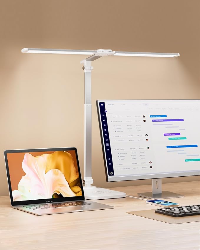 LED Desk Lamp for Office Home, Height Adjustable Architect Desk Light with USB Adapter, Stepless Dimming 50 Lighting Modes, Eye Caring Double Head Computer Desk Lamp for Reading, Study, Workbench by CHARYJOD