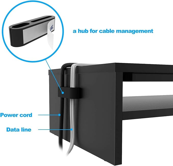 BONTEC Wood Monitor Stand Riser, 2-Tier Desktop Organizer with Storage, Ergonomic Computer Stand for Desk, Cable Management, Cellphone Holder, 21.3 Inch Shelf, Black | Ergonomic Computer Stand for Desk, Cable Management, Cellphone Holder, 21.3 Inch She... - Image 5