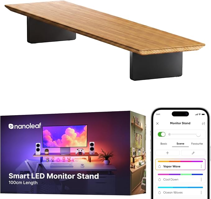 Nanoleaf Smart Monitor Stand, Wood Riser, RGB LED Task & Ambient Light | Ergonomic monitor stand with built-in ambient LED lighting, smart desktop accessory for home office & gaming setups by NANOLEAF