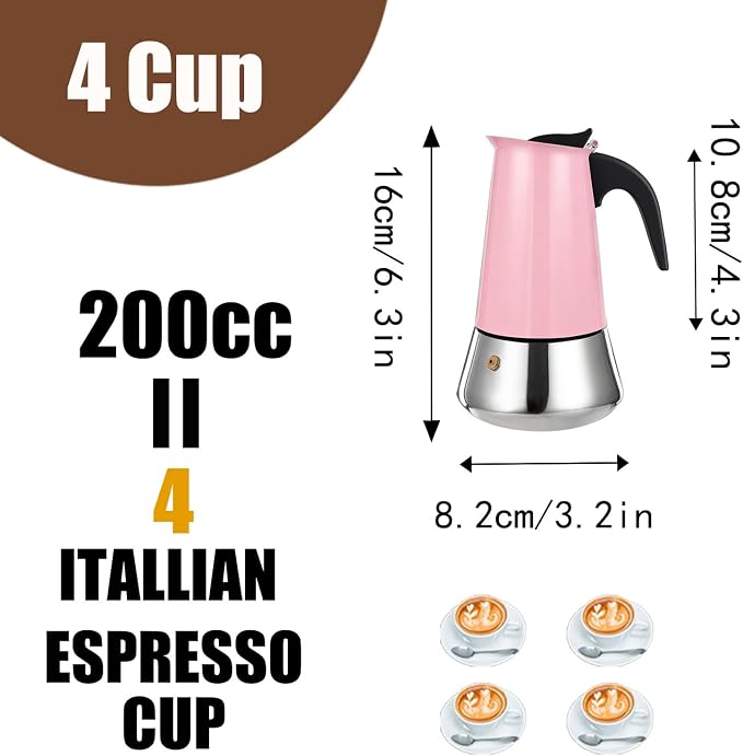 4 Cup Stovetop Espresso Maker Stainless Steel Moka Pot Stove Top Percolator Italian Coffee Makers Capable Mocha Greca Machine Cafe Classic Induction Cookers for Home and Camping 200ml 6.6oz - Image 2