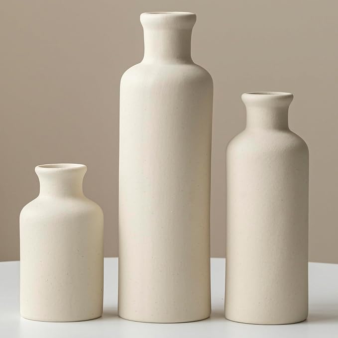 Modern Ceramic Vase Set of 3, Beige Colors, Decorative Bottles for Home, Farmhouse Rustic Decor, Housewarming Gifts, Wedding Gifts, Bridal Shower Gifts, Birthday Gifts for Women (Beige) - Image 2