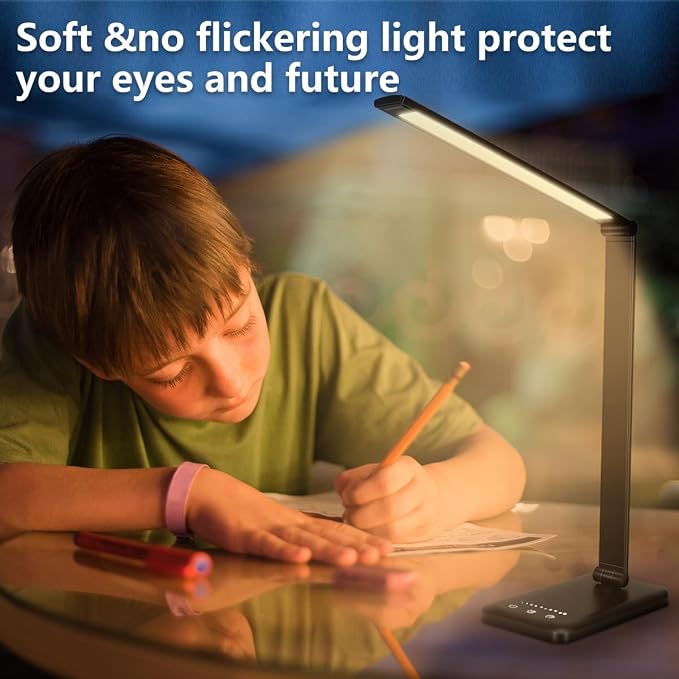 White crown LED Desk Lamp Dimmable Table Lamp Reading Lamp with USB Charging Port, 5 Lighting Modes, Sensitive Control, 30/60 Minutes Timer (Black, First-Generation) - Image 6