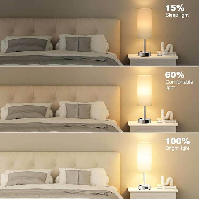 Fenmzee White Touch Bedroom Table Lamp - 3 Way Dimmable Bedside Lamp USB C A Charging Ports and AC Outlet, Small Lamp Nightstand with Silver Base for Living Room, Office Desk, LED Bulb Included - Image 5
