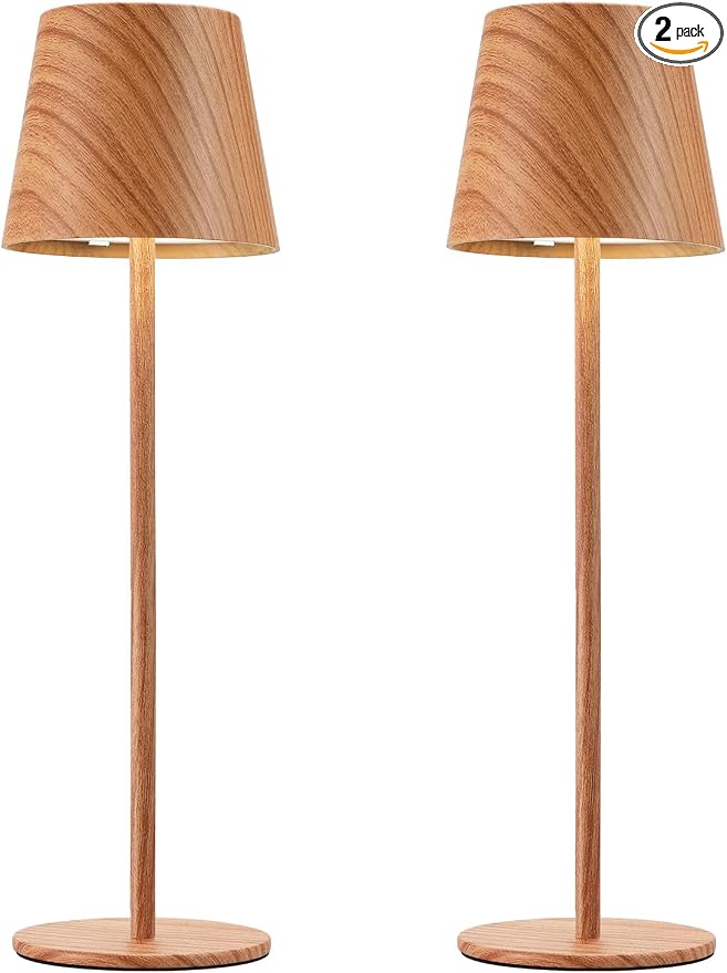 Kakanuo Wood Grain Cordless Table Lamp Rechargeable - 2 Pack 5000mAH Battery Operated Lamp for Counter, 3 Color Stepless Dimming Wireless Lamp for Dining Kitchen, Outdoor Patio, Touch Control by KakanuoLightings