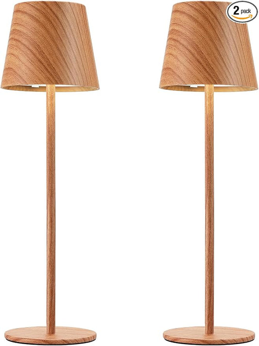 Kakanuo Wood Grain Cordless Table Lamp Rechargeable - 2 Pack 5000mAH Battery Operated Lamp for Counter, 3 Color Stepless Dimming Wireless Lamp for Dining Kitchen, Outdoor Patio, Touch Control by KakanuoLightings