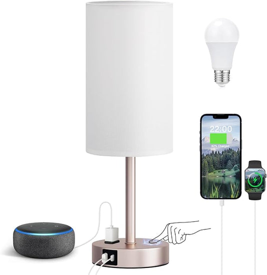 Fenmzee Antique White Bedside Table Lamp for Bedroom - 3 Way Dimmable Touch Lamp USB C Charging Ports and AC Outlet, Small Lamp Gold Base Round Flaxen Fabric Shade for Living Room, Desk by Fenmzeelighting