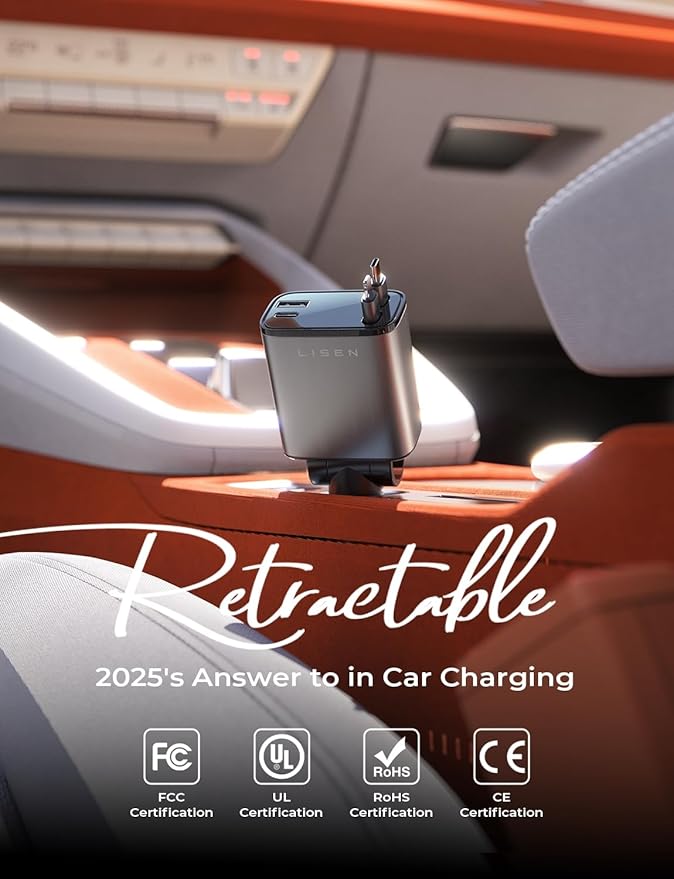 LISEN Retractable Car Charger, 84W Car Charger USB C Fast Charge, Multi Cigarette Lighter Adapter, 4 in 1 Car Accessories Birthday Gifts for Men Women Dad Mom Husband, for iPhone 17 16 15 14 13 12 X - Image 2