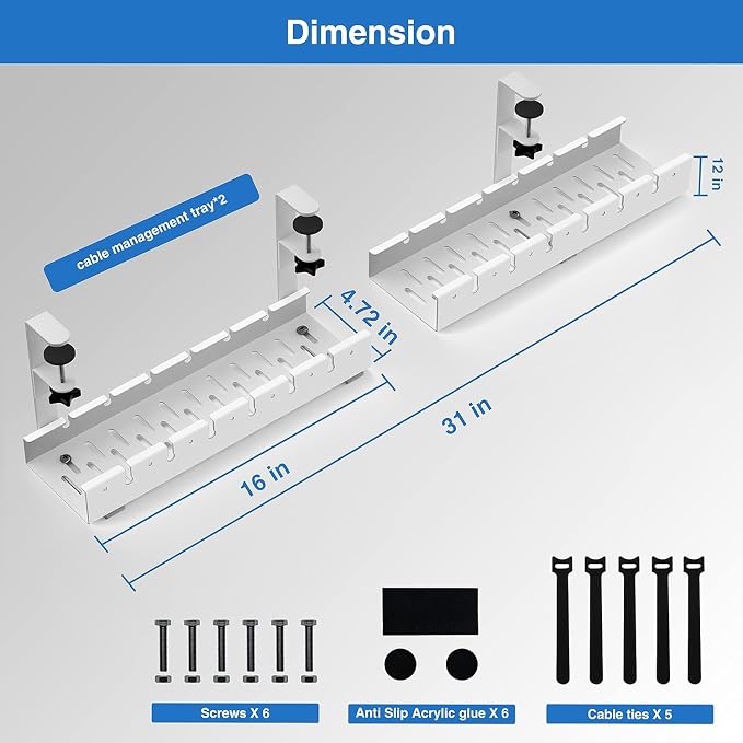 No Drilling Under Desk Cable Management, Metal Cable Management Tray Under Desk with Clamp, Retractable Power Strip Cord Holder for Wire Management 31Inch (2 Pack White) - Image 3