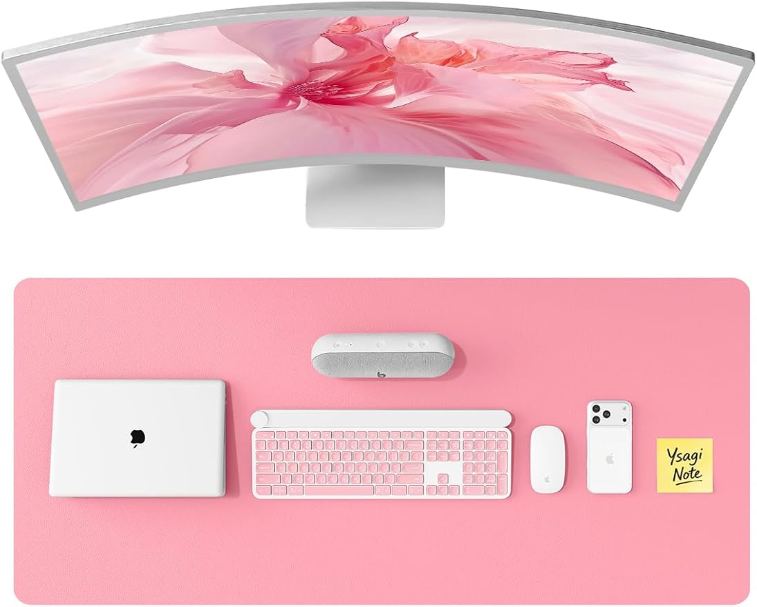 YSAGi Leather Desk Pad Protector, Office Desk Mat, Large Mouse Pad, Non-Slip PU Leather Desk Blotter, Laptop Desk Pad, Waterproof Desk Writing Pad for Office and Home (Pink, 47" x 17") by YSAGi