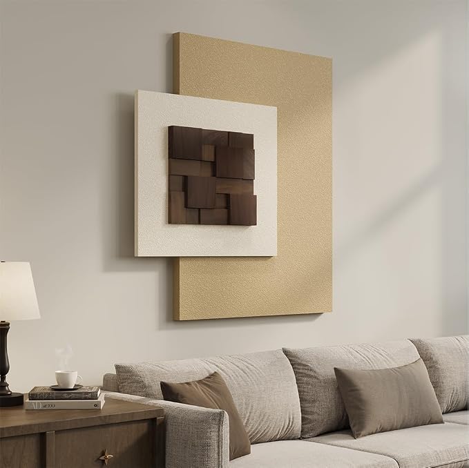 Cuspin Large 3D Wood Textured Neutral Wall Art, Modern Minimalist Wooden Artwork for Walls, Cotemporary Abstract Geometric Beige Wall Decor for Living Room Bedroom Dining Room Hallway - Image 2