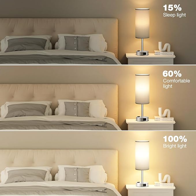 Fenmzee Grey Nightstand Table Lamp for Bedroom - 3 Way Dimmable Bedside Lamp USB C A Charging Ports and AC Outlet, Small Table Lamp Silver Base for Living Room, Office Desk, LED Bulb Included - Image 5