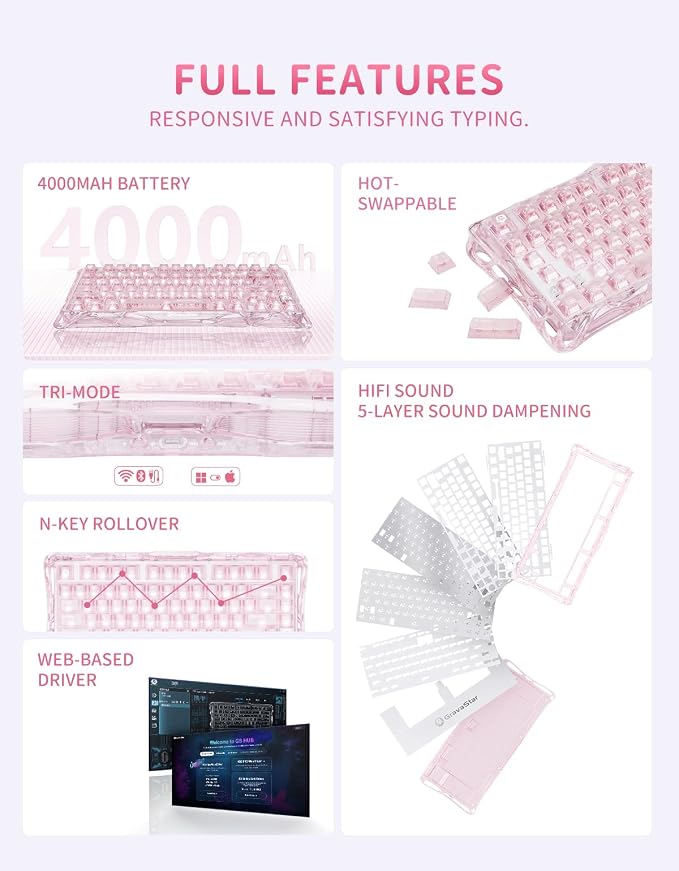 GravaStar Mercury K1 Lite 75% Wireless Mechanical Gaming Keyboard RGB | Gasket Mount, Hot Swappable Linear Switches, Creamy Sound Keyboard, 2.4GHz/USB-C/Bluetooth 5.0, for Win/Mac【Crystal Rose】 - Image 8