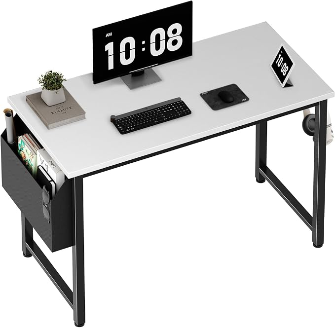 Lufeiya Computer Desk White Writing Table for Small Spaces Home Office 39 Inch Modern Study PC Desk with Storage Bag Hook, White Black by LUFEIYA
