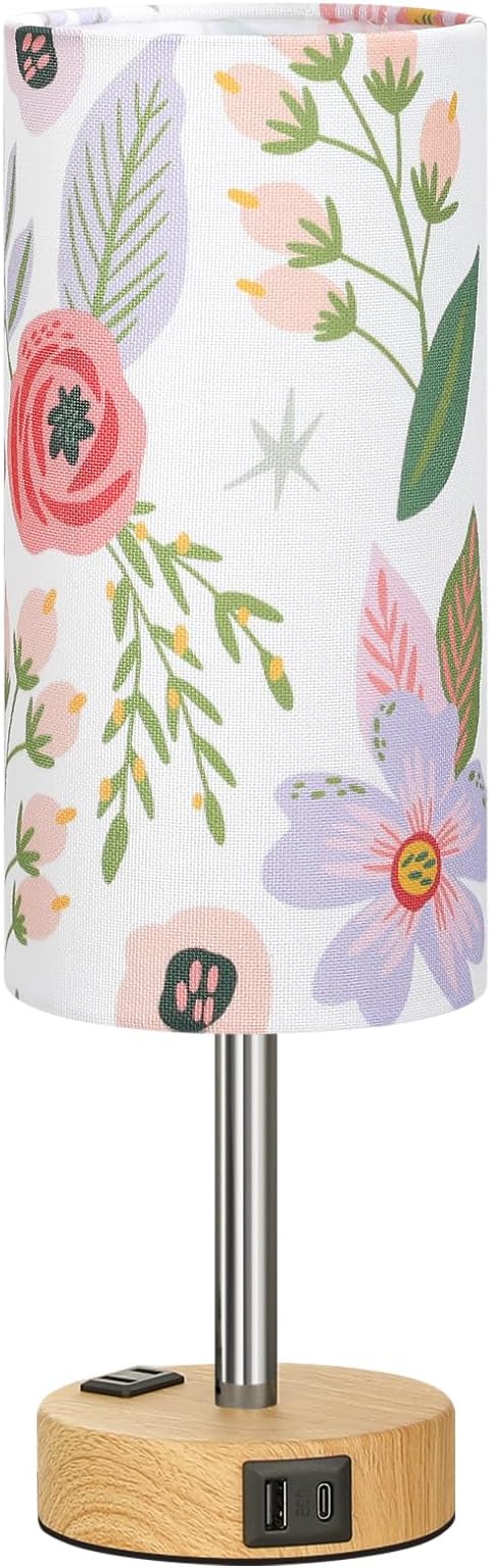 Fenmzee Floral Touch Lamp for Bedroom- 3 Way Dimmable Bedside Lamp USB C A Charging Ports and AC Outlet, Small Table Lamp Floral Linen Lampshade for Gift, LED Bulb Included - Image 8
