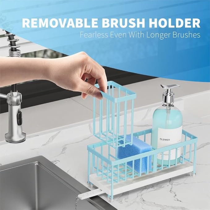 Cisily Sponge Holder for Kitchen Sink, Sink Caddy Organizer with High Brush Holder, Kitchen Countertop Organizers and Storage Essentials, Rustproof 304 Stainless Steel (Blue, 9.25″) - Image 3