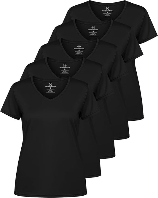 5 Pack Women's Dry Fit V Neck Workout Tops T Shirts Athletic Gym Yoga Tees | Available In Plus Size, Cooling Moisture-Wicking, Short Sleeve, Quick-Dry, Fitness, Stretch, Exercise, Running, Hiking by RealEssentials