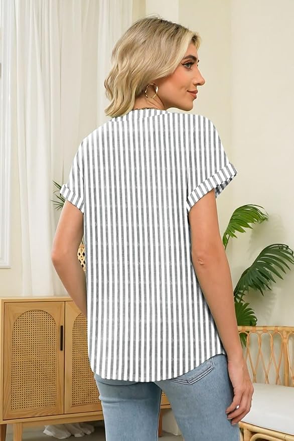 Womens Henley Summer Tops V Neck Button Dressy Casual T Shirts Blouses | Breathable, V-Neck Button, Striped, Loose Fit, Business Casual, Office, Vacation, Spring Summer Tops, Basic Shirts - Image 3