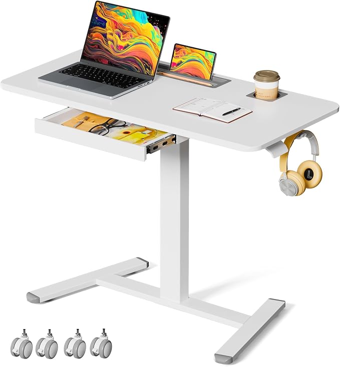 40"×24" Mobile Standing Desk with Drawer, Cup Holder & Hooks | Height Adjustable Portable Desk on Wheels, Small Computer Desk, Rolling Laptop Cart for Home Office, Classroom, White by JYLHJOYSEEKER