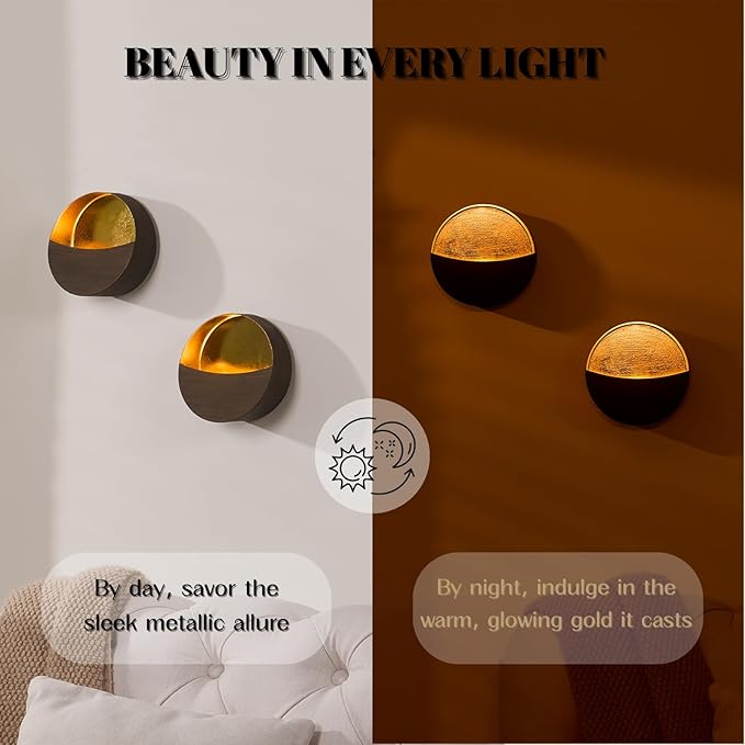 Eclipse Wall Candle Holder Set of 2, Metal Candle Sconces with Brushed Wood Grain and Gold Interior, Christmas Wall Decor for Living Room, Bedroom, and Modern Farmhouse - Image 3