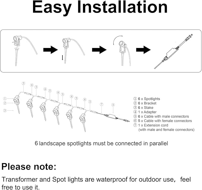 SUNTHIN Outdoor Landscape Lighting, 6 Pack Outdoor Spot Lights with Transformer for Yard, Plant, Lawn, Tree, Flags, House, Garden, Fence Use, IP65 Waterproof & Connectable - Image 6