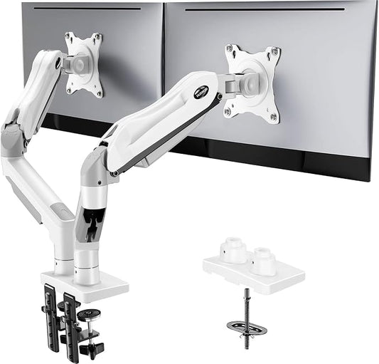 HUANUO Dual Monitor Stand - Full Adjustable Monitor Desk Mount Swivel Vesa Bracket with C Clamp, Grommet Mounting Base for 13 to 32 Inch Computer Screens - Each Arm Holds 4.4 to 19.8lbs - White by HUANUO