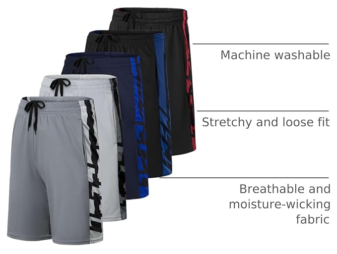 5 Pack Men's Mesh Shorts Athletic Basketball Sports Gym Workout Pockets | Cooling Moisture-Wicking, 9", Long, Quick-Dry, Breathable, Elastic Drawstring Waistband. Running, Exercise, Soccer, Training. - Image 4