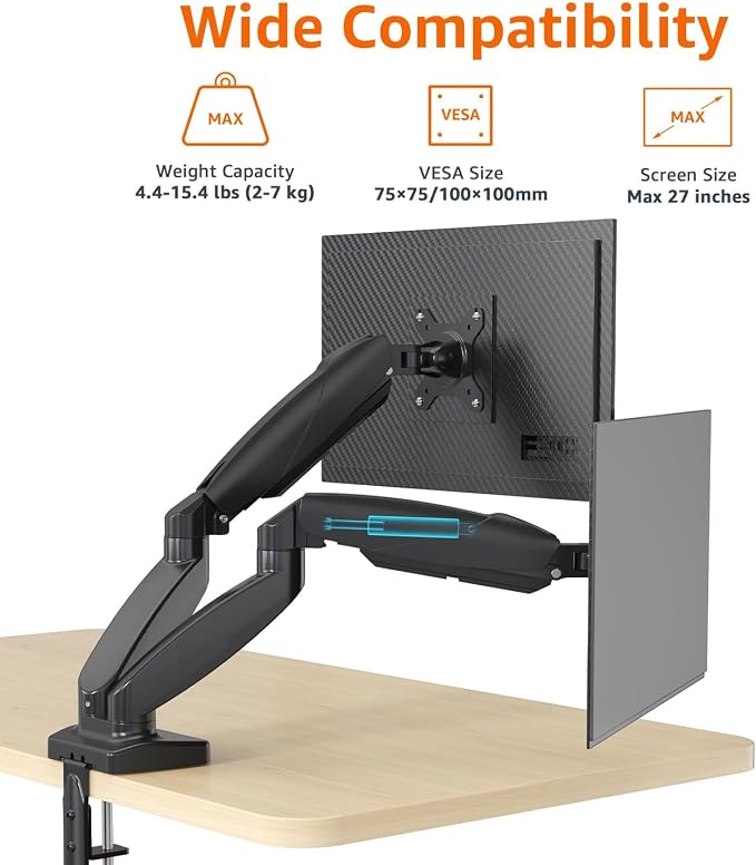 Amazon Basics Gas Spring Dual Monitor Arm Desk Mount, Adjustable Tension, Fits 15–27 Inch Monitors, Supports 4.4–15.4 lbs Each Arm, VESA 75x75/100x100, Black - Image 3