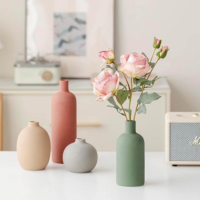 Modern Ceramic Vase Set, Neutral Colors, Decorative Vases for Home Decor, 4 Piece Collection (Green Mix Set 4) - Image 6
