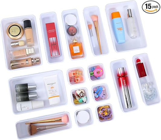 Kutesna 15PCS Interlocking Drawer Organizer, Plastic Desk Organizer Set | 3-Size Versatile Storage Bins,BPA-free, Non-slip, Fits Any Drawer for Cosmetics, Bathroom, Tools, Kitchen and Office, White by Kutesna