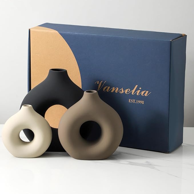 Vanselia Ceramic Vase Home Table Decor - Flower Vases Set of 3 Small Living Room Centerpiece Decorations for Shelf Bedroom Office Kitchen Dining Desk Modern Aesthetic Farmhouse Decorative (Classic) - Image 6