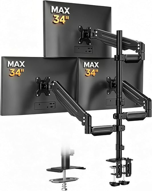 Bracwiser Triple Monitor Mount for Max 34" Screens, up to 24.25lbs Each, Full Adjustable 3 Monitor Desk Stand, Three Gas Spring Arm with Tilt Swivel Rotation, VESA 75x75/100x100mm, Black, MDX883B by Bracwiser