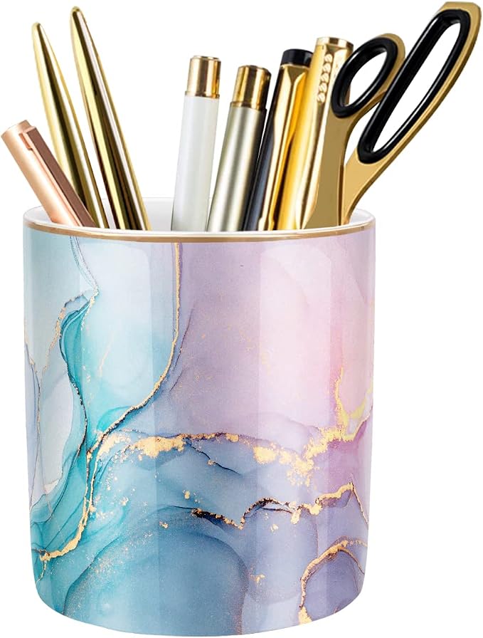 Large Capacity Colored Pen Holder for Desk, Ceramic Pencil Holder Makeup Brush Holders, Desk Accessories & Workspace Organizers for Home, Office, Colorful Green by WAVEYU