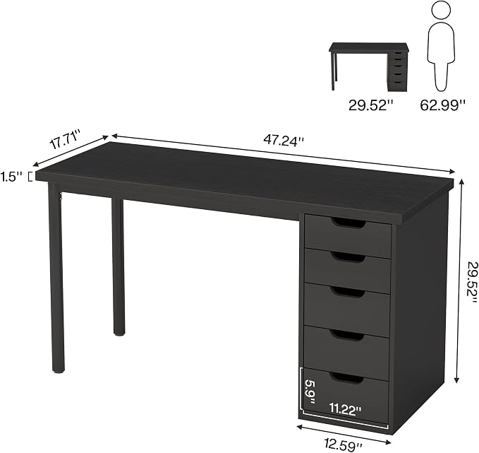 Tribesigns Computer Desk with 5 Drawers, 47 inches Rustic Brown Home Office Desk with Storage, Modern Simple Laptop Desk Study Writing Table for Small Spaces (1, Black) - Image 2