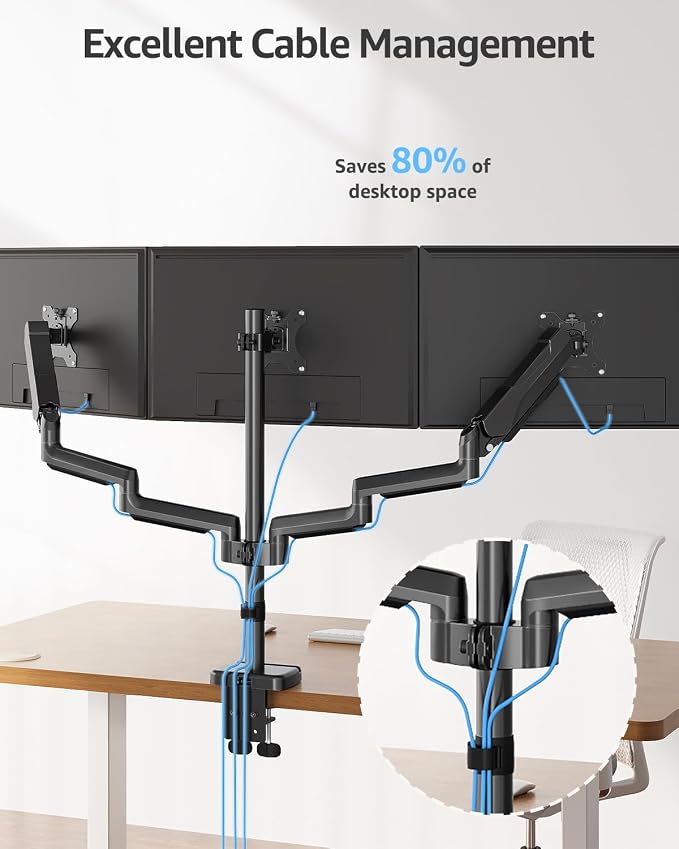 MOUNTUP Triple Monitor Stand Mount - 3 Monitors Desk Mount for Computer Screens Up to 27 inch, Triple Monitor Arm, Heavy Duty Monitors Stand, Each Arm Holds 4.4-19.8 lbs, Black - Image 7