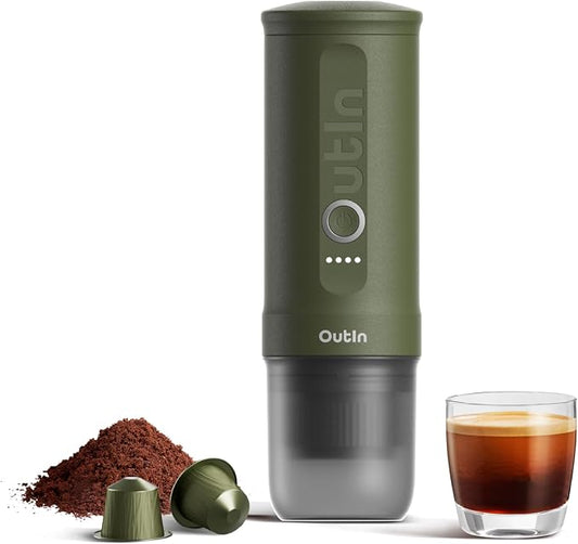 OutIn Nano Portable Electric Espresso Machine, Travel Coffee Maker | Self-Heating USB-C Car Coffee Maker for Ground Coffee & NS Capsules, Ideal for Camping, RV, Hiking and Office, Forest Green by OutIn