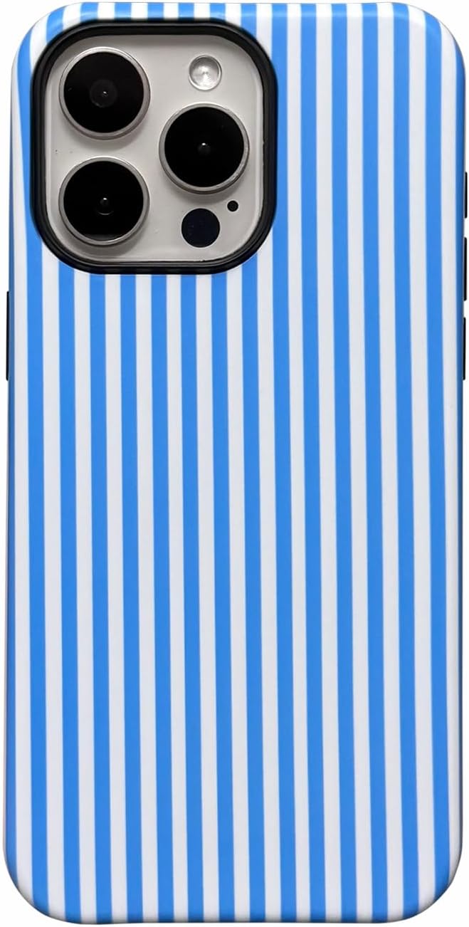 for iPhone 16 Pro Case Striped Cute Aesthetics Phone Case Trendy Protective Shockproof Cover for iPhone 16 Pro Blue White by Unknown