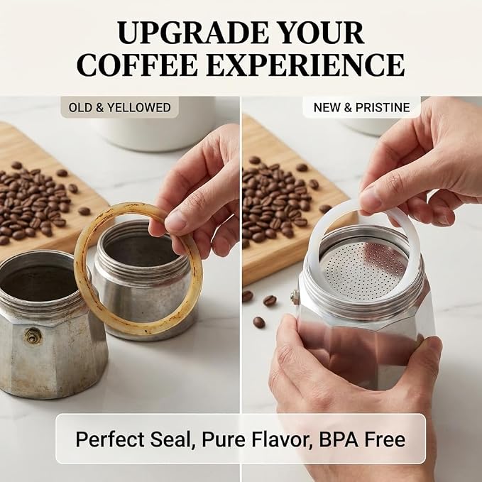 Sivaphe 9 Cup Stovetop Espresso Coffee Maker Replacement Infuser Parts Only for 450ml Aluminum Italian Moka Pot, 1 Filter and 3 Silicone Gasket Seals - Image 6
