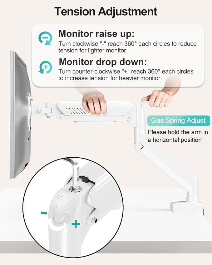 Single Monitor Desk Mount, 13-32 inch Adjustable Full Motion Monitor Arm, Computer Monitor Stand Holder with Clamp and Grommet Base, Fit 4.4 to 19.8lbs Screens, VESA Mount Bracket, White, Freelift Pro - Image 9