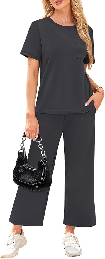 WIHOLL 2 Piece Sets for Women Casual Summer Travel Vacation Outfits Short Sleeve Wide Leg Crop Pants Lounge Sets - Image 4