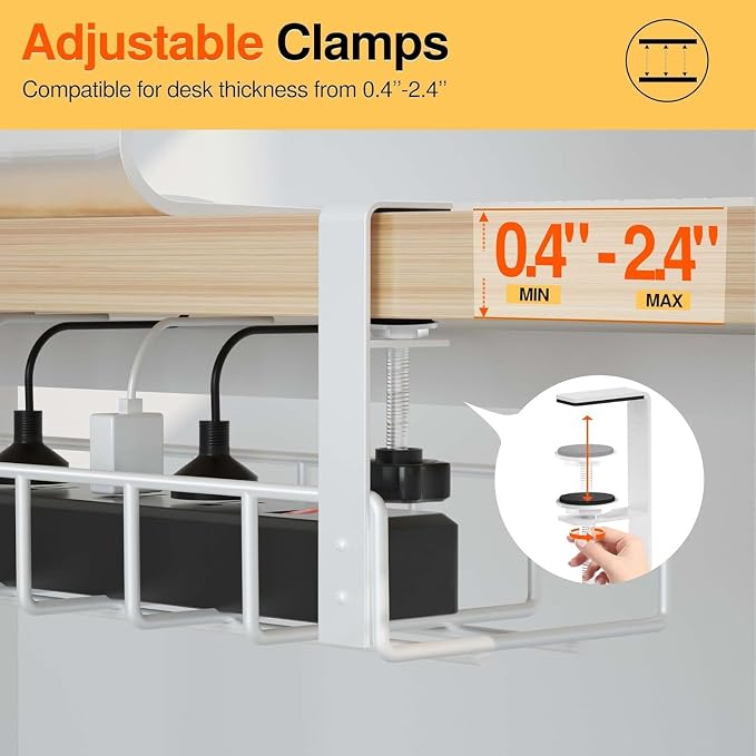 3 Pack Cable Management Under Desk Tray, 47.1" No Drill Under Desk Wire Management with Upgraded Clamp, Metal Cord Organizers with Cable Organizers, PC Cord Organization Rack, White - Image 6
