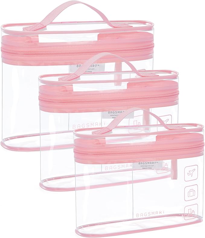 BAGSMART TSA Approved Toiletry Bag, 3 Pack Clear Makeup Cosmetic Bag Organizer, Quart Size Travel Bag for Toiletries, Carry-on Travel Accessories Essentials, Pink-3pcs by BAGSMART
