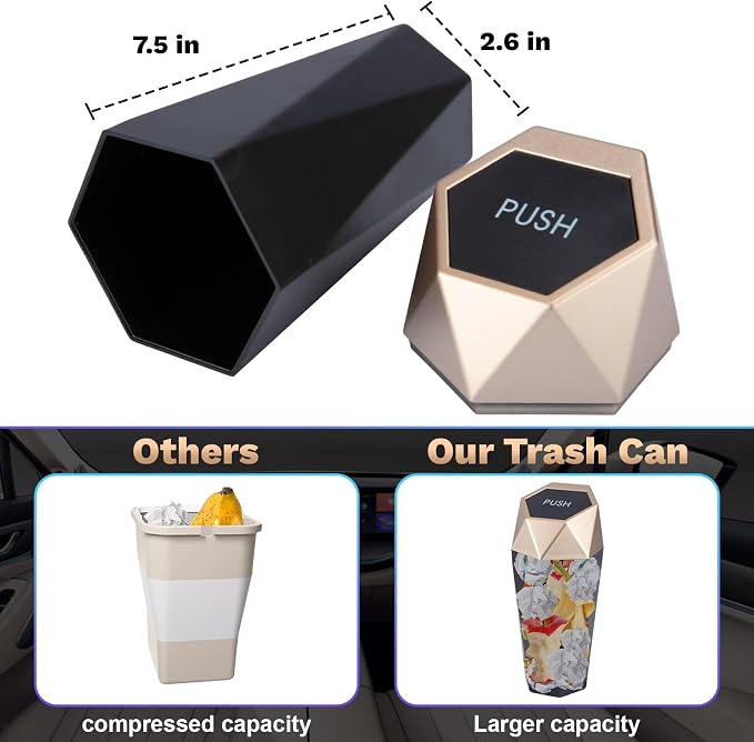 BFXM Car Trash Can, 2 Pack Car Trash Bin with Lid, Car Accessories for Women Interior, Car Garbage Can with Additional 2 ABS Hooks and 60pcs Trash Bags, Suitable for Home, Office, Car Organizer, Gold - Image 6