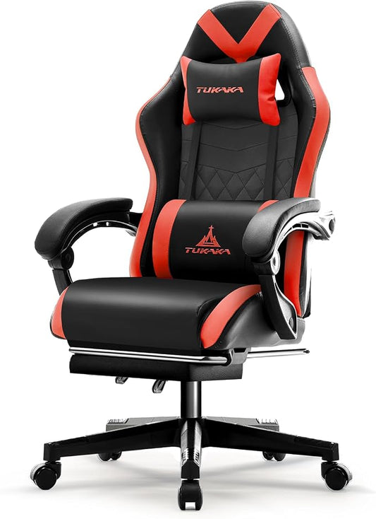 Gaming Chair,Ergonomic Massage Office Desk Chair with Footrest,Red | Pocket Spring Cushion,Reclining,Thick High Back,Headrest and Lumbar Support,Adjustable Leather Computer Chair Gamer Chair by TUKAKA